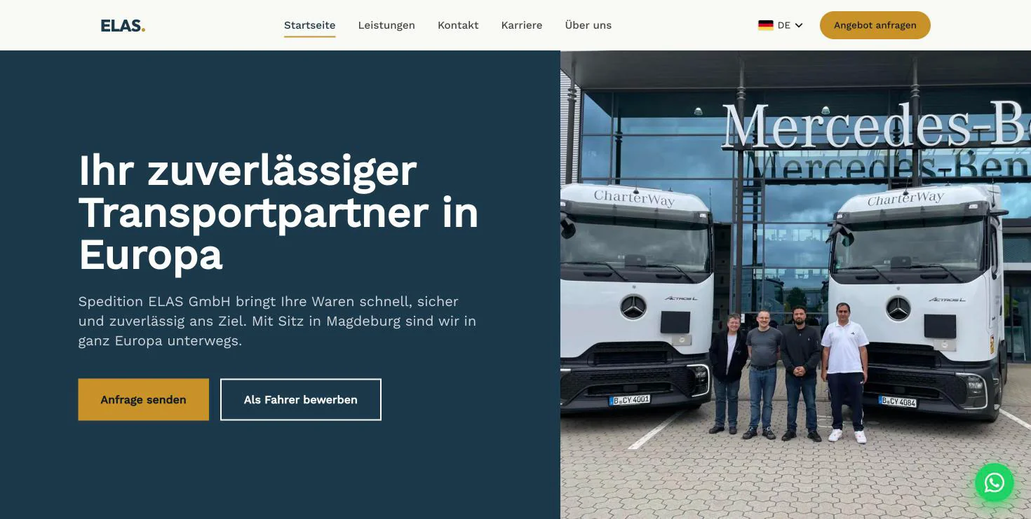 Website der Spedition ELAS: Startseite mit Überschrift ‚Ihr zuverlässiger Transportpartner in Europa‘